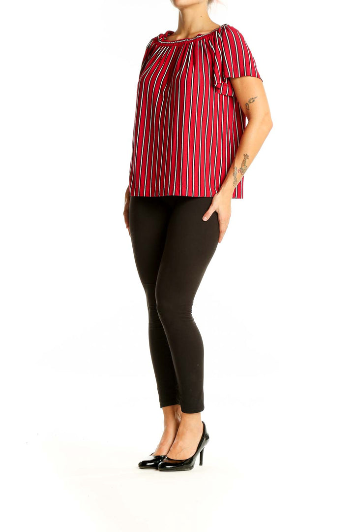 Front view of red striped off-shoulder blouse from LOFT