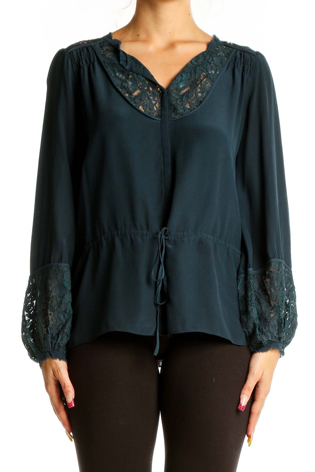 Front view of teal Rebecca Taylor peasant blouse with lace trim