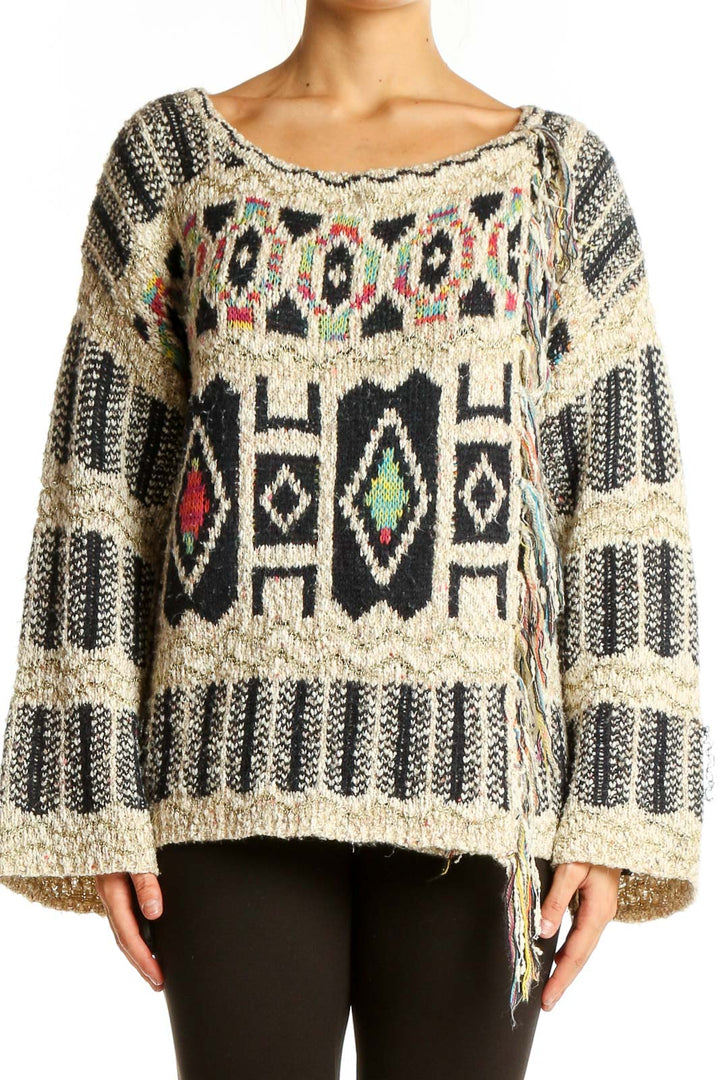 Neutral Black Pattern Boatneck  Sweater