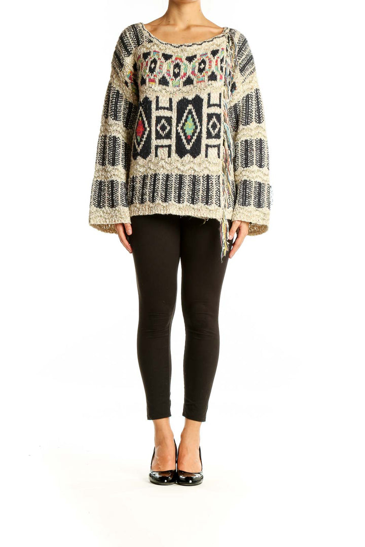 Neutral Black Pattern Boatneck  Sweater