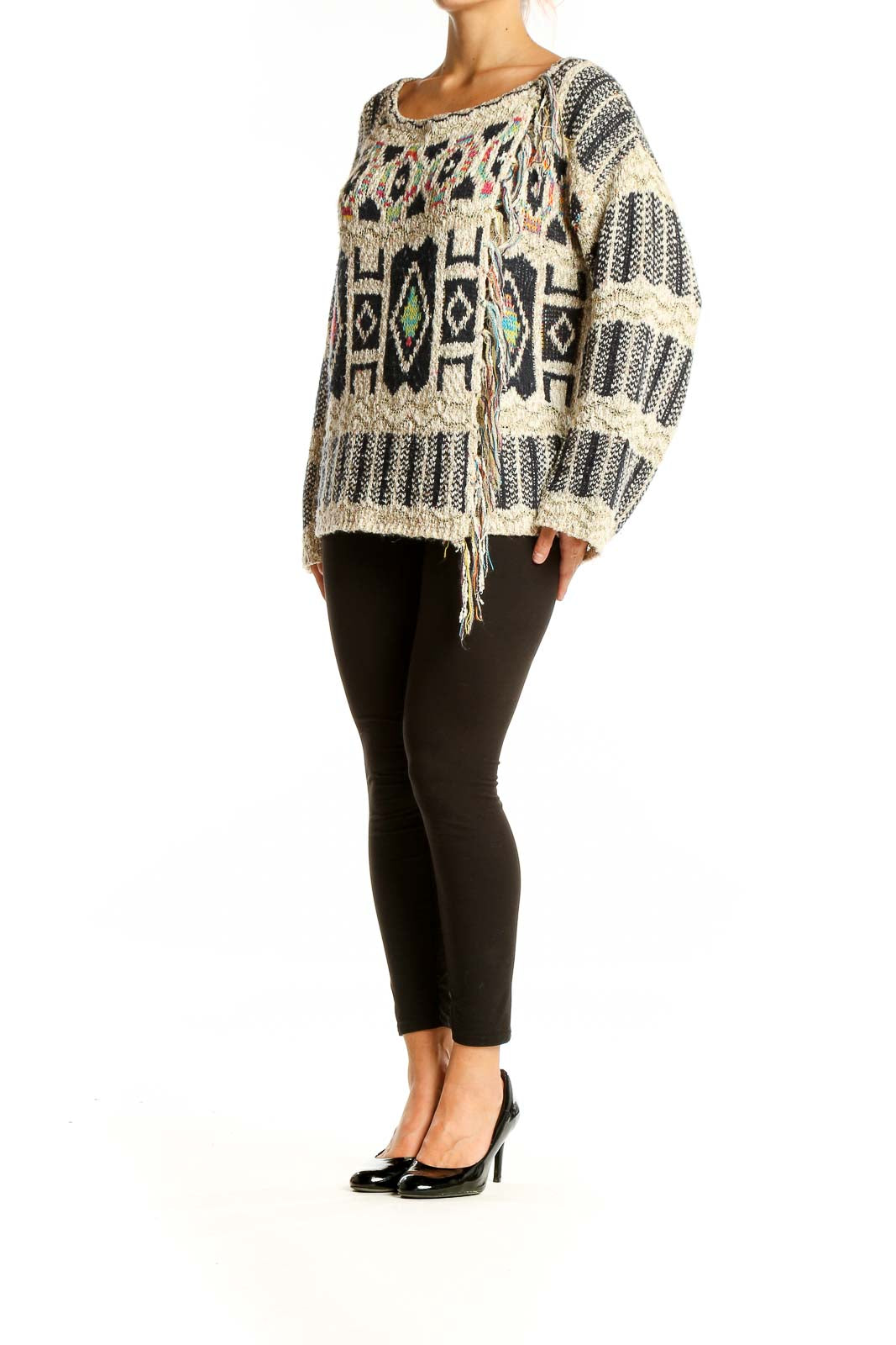 Neutral Black Pattern Boatneck  Sweater