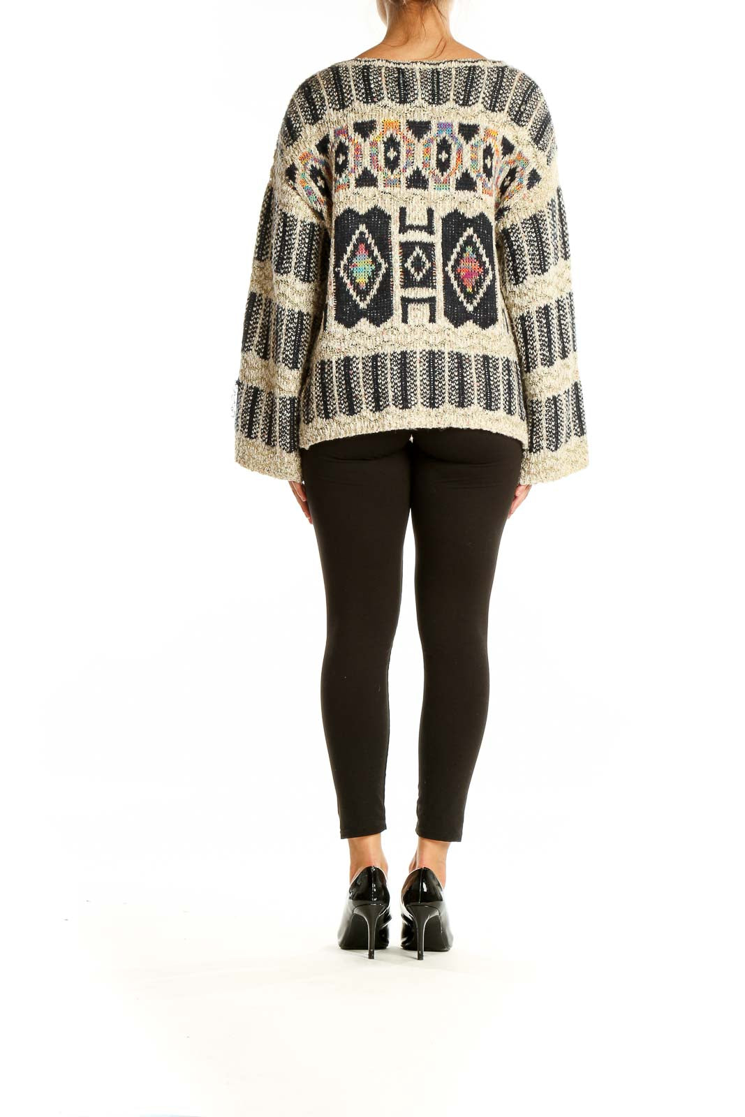 Neutral Black Pattern Boatneck  Sweater