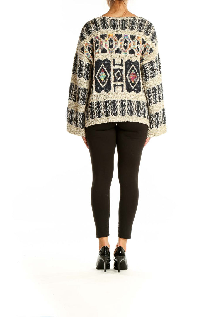 Neutral Black Pattern Boatneck  Sweater