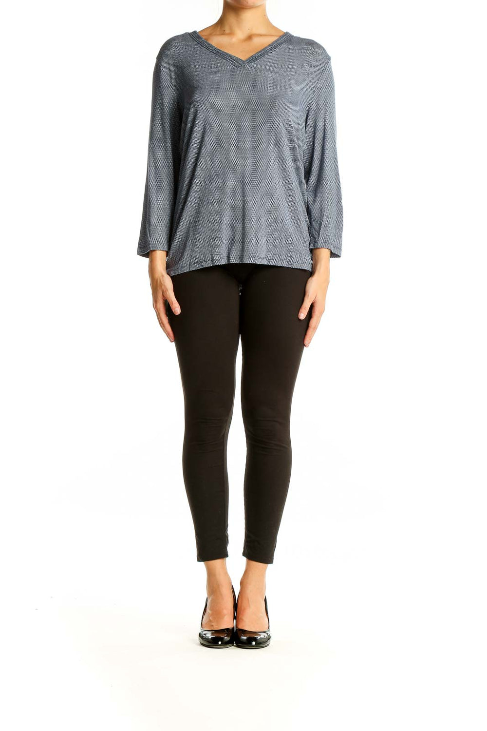 Front view of gray Talbots V-neck textured knit top