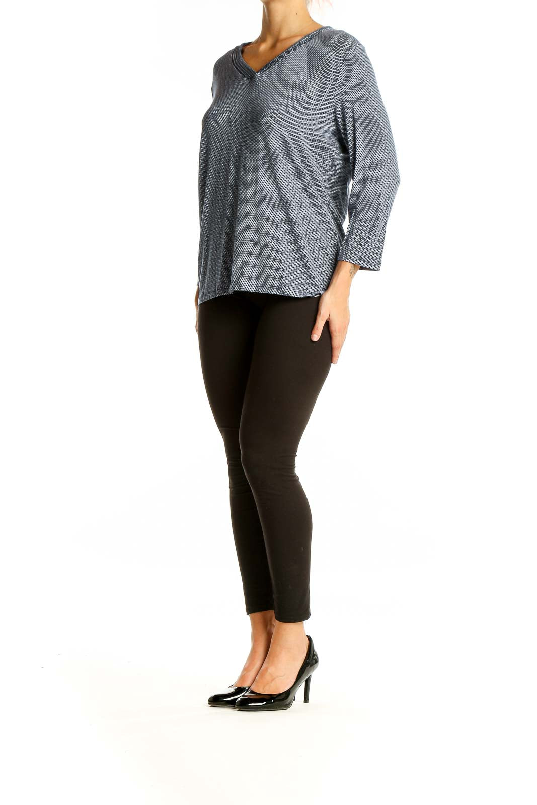 Front view of gray Talbots V-neck textured knit top