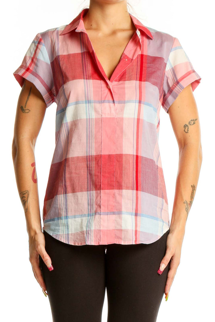 Front view of J.Crew pink plaid short-sleeve cotton shirt