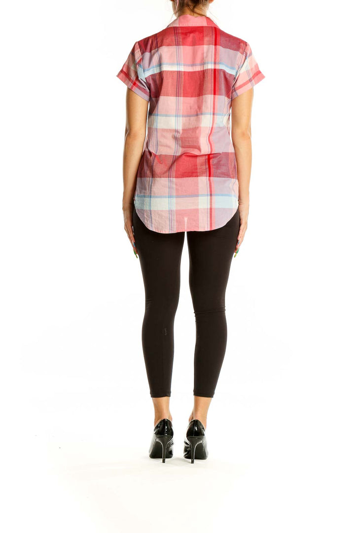 Back view of J.Crew pink plaid short-sleeve cotton shirt on model