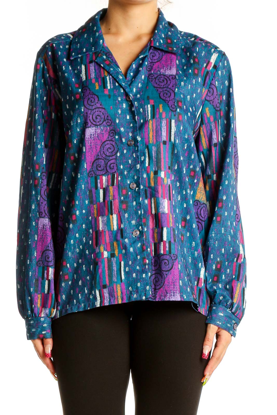 Front view of SilkRoll blue multicolor abstract print button-up blouse