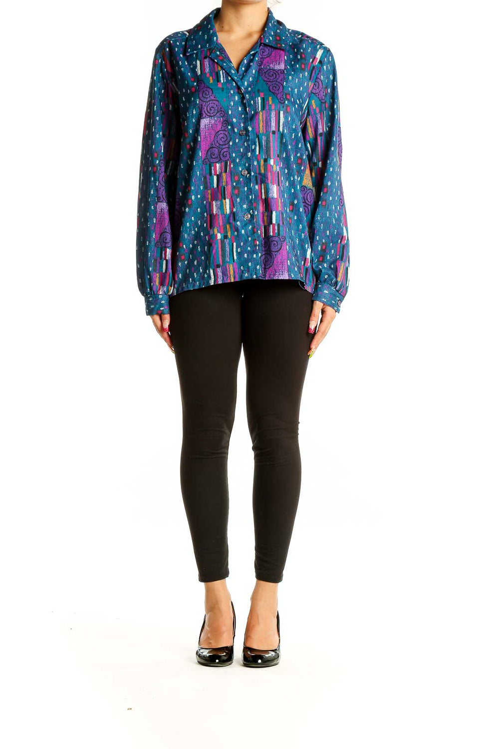 Front view of SilkRoll blue multicolor abstract print button-up blouse