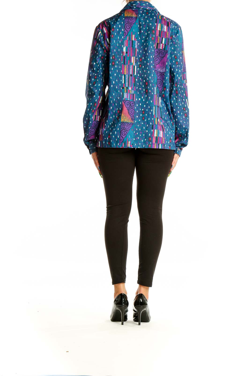 Back view of SilkRoll blue multicolor abstract print button-up blouse