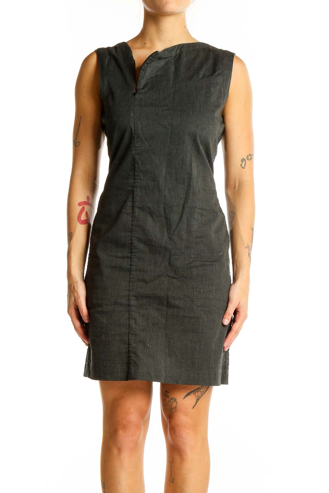 Front view of Nau charcoal sleeveless sheath dress on model