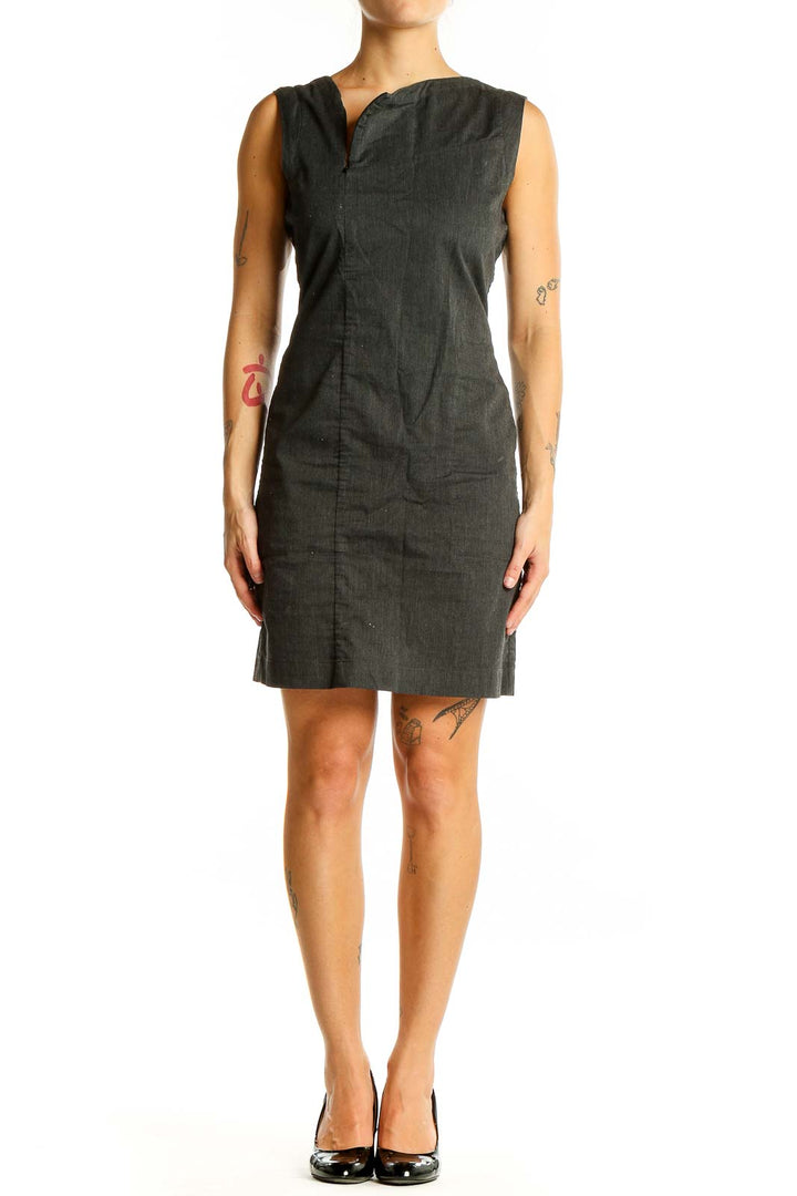 Front view of Nau charcoal sleeveless sheath dress on model