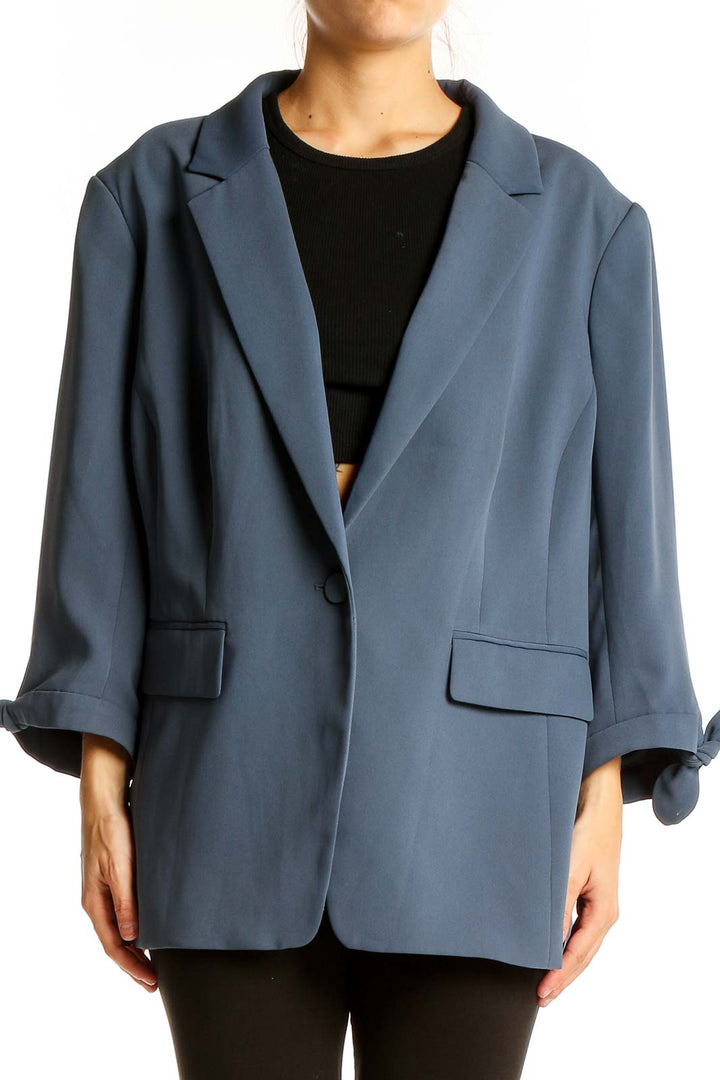 Front view of blue oversized LOFT blazer with 3/4 sleeves