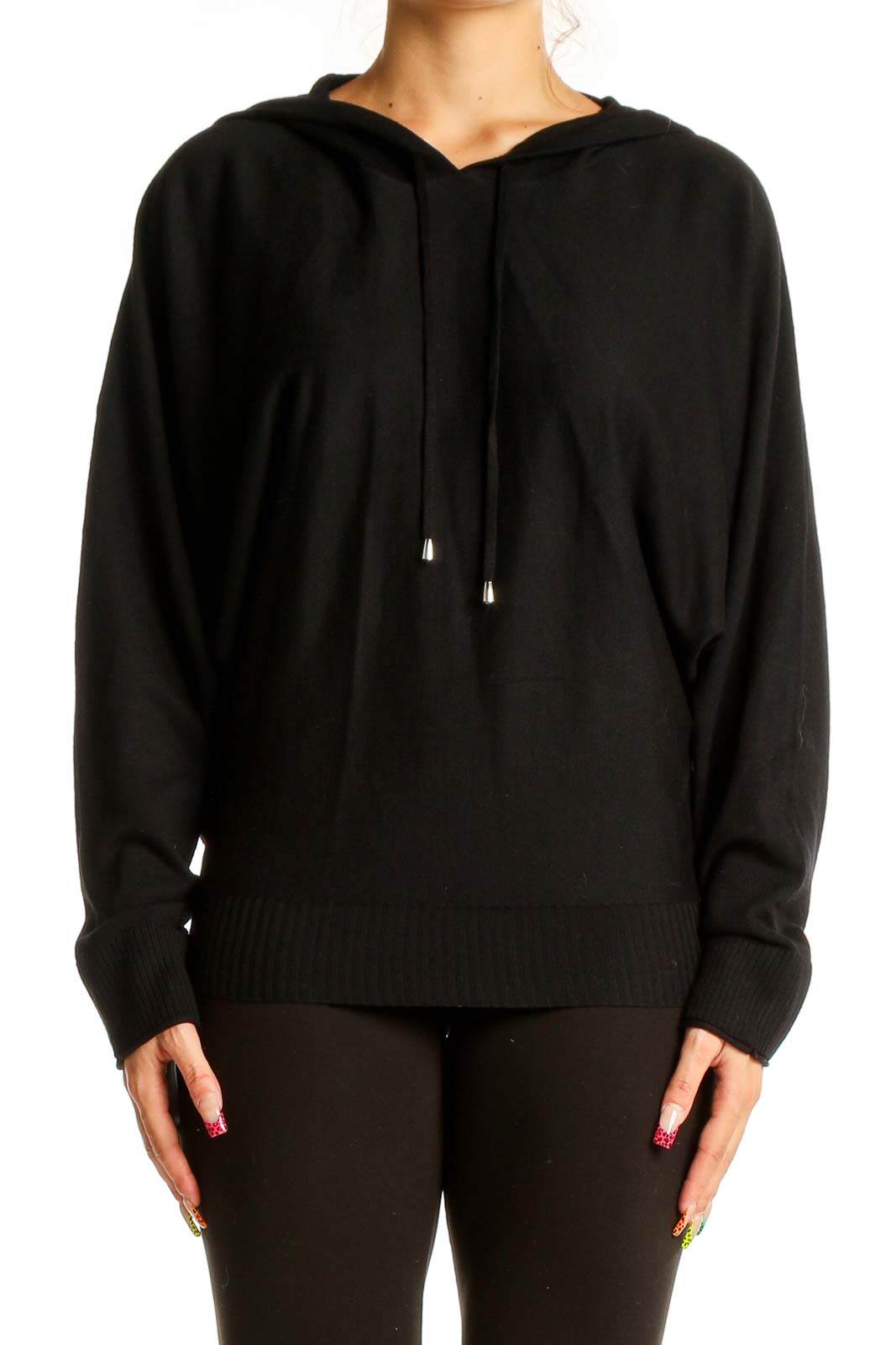 Front view of black hooded top by Cyrus with dolman sleeves