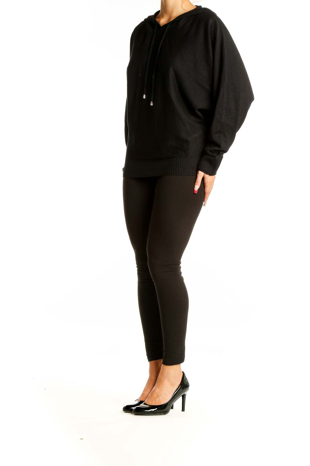 Front view of black hooded top by Cyrus with dolman sleeves