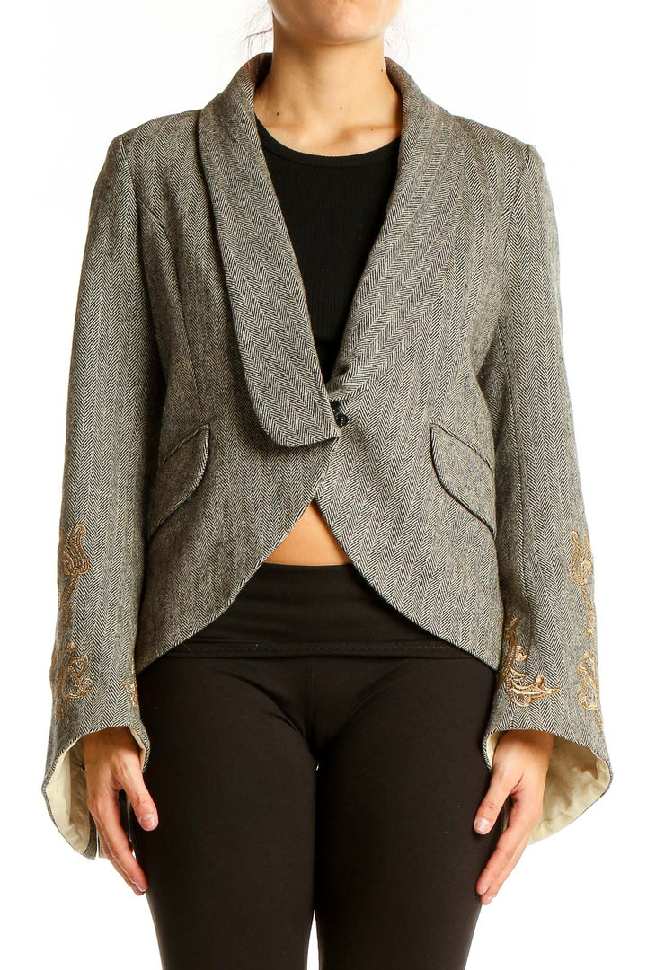 Front view of Robert Rodriguez gray blazer with shawl collar and gold embroidery