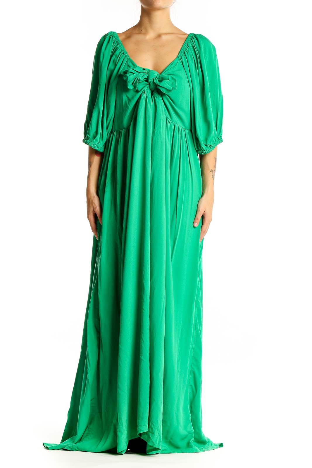 Front view of Eloquii green rayon maxi dress with V-neck and bow detail