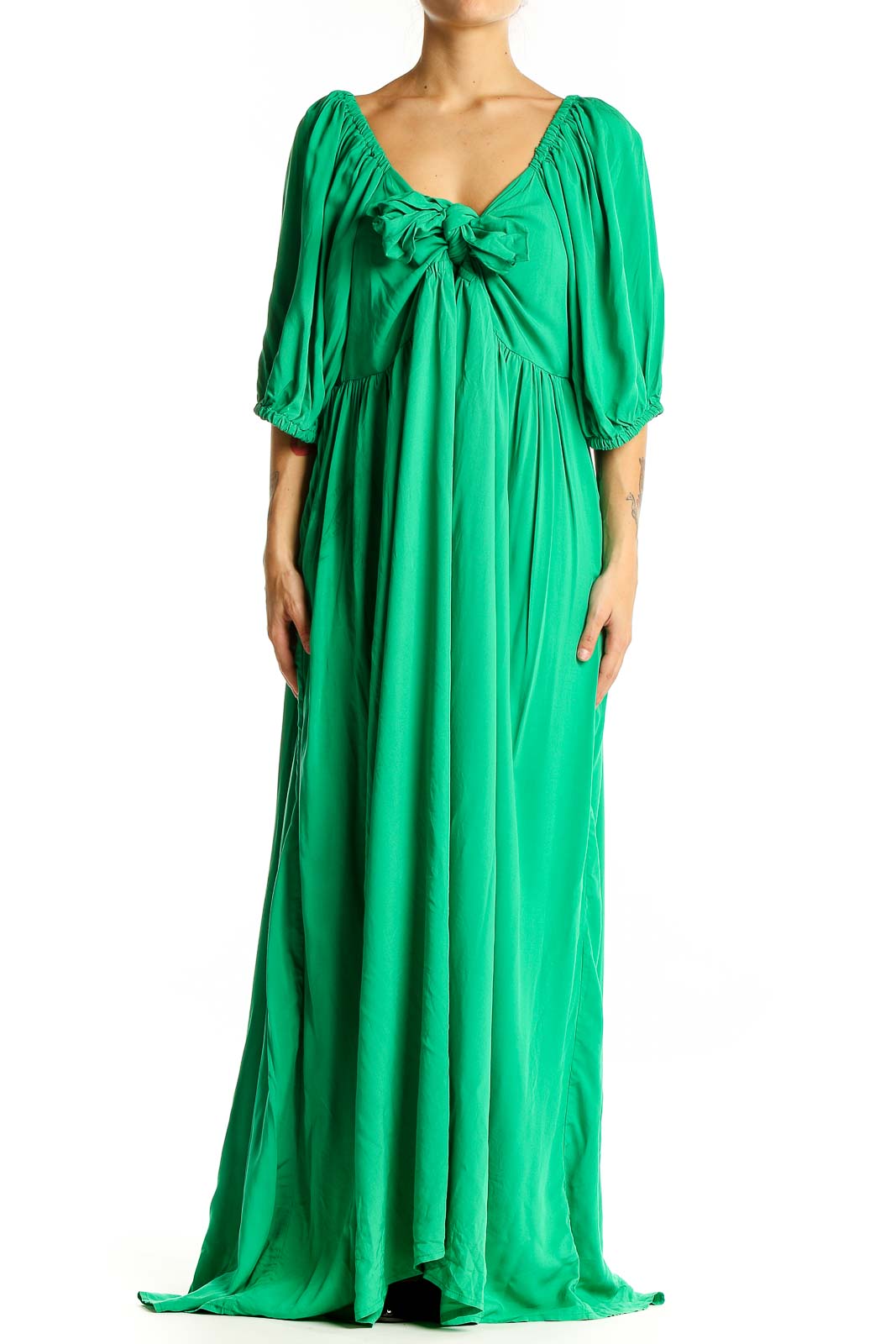 Front view of Eloquii green rayon maxi dress with V-neck and bow detail