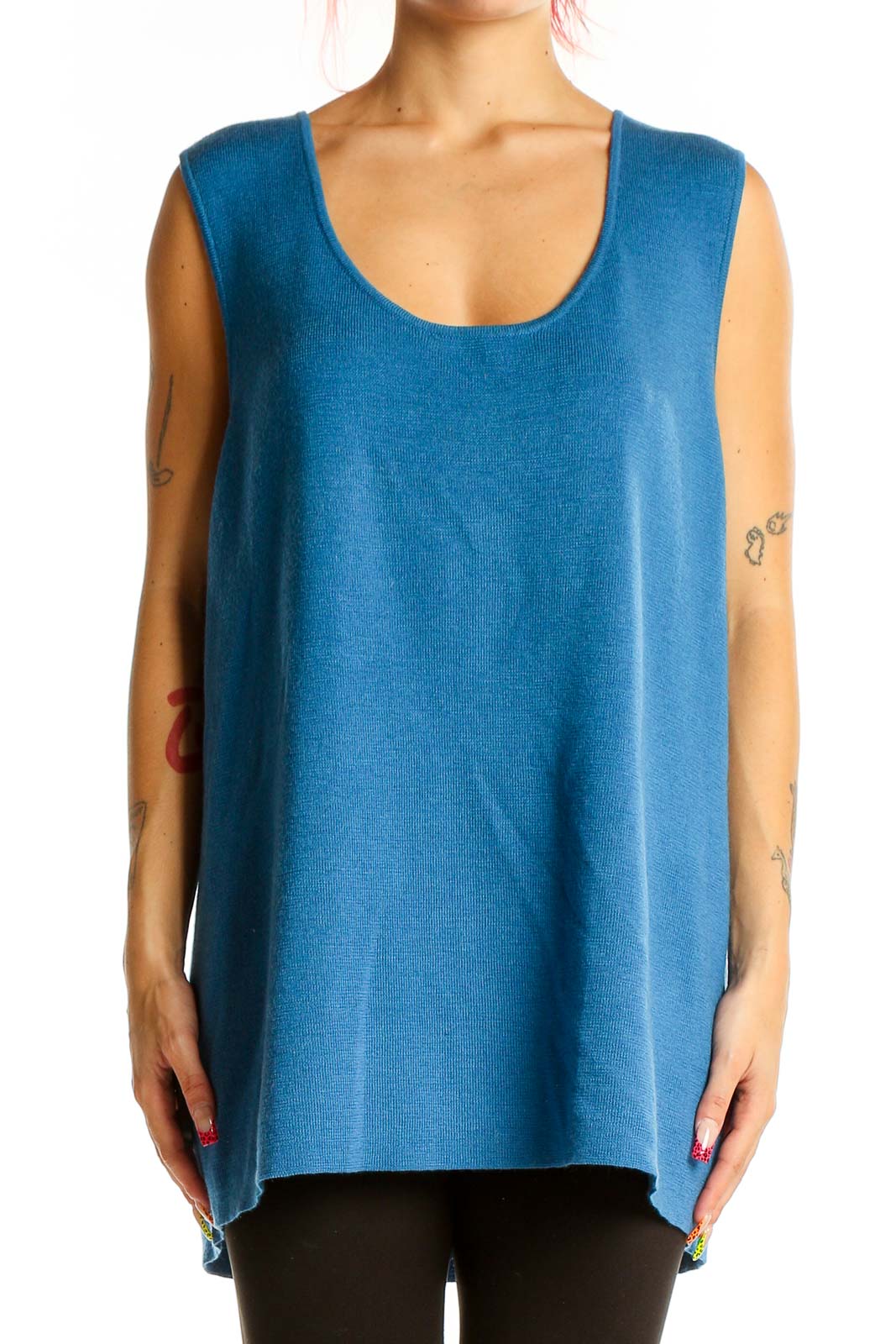 Front view of Eileen Fisher blue Merino wool sleeveless tunic