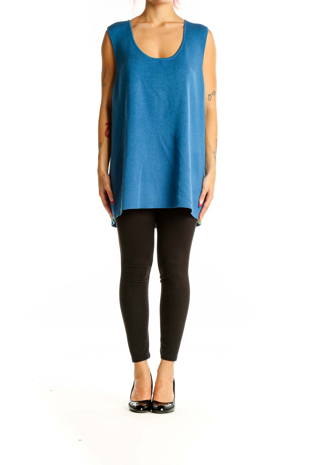 Front view of Eileen Fisher blue Merino wool sleeveless tunic