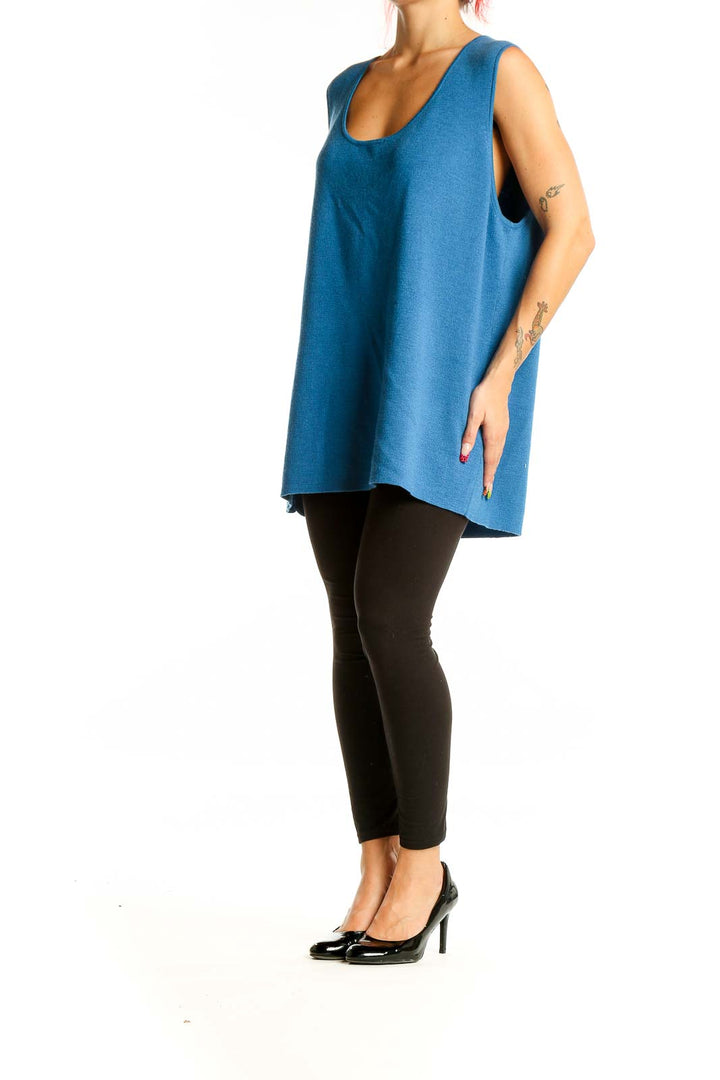 Front view of Eileen Fisher blue Merino wool sleeveless tunic