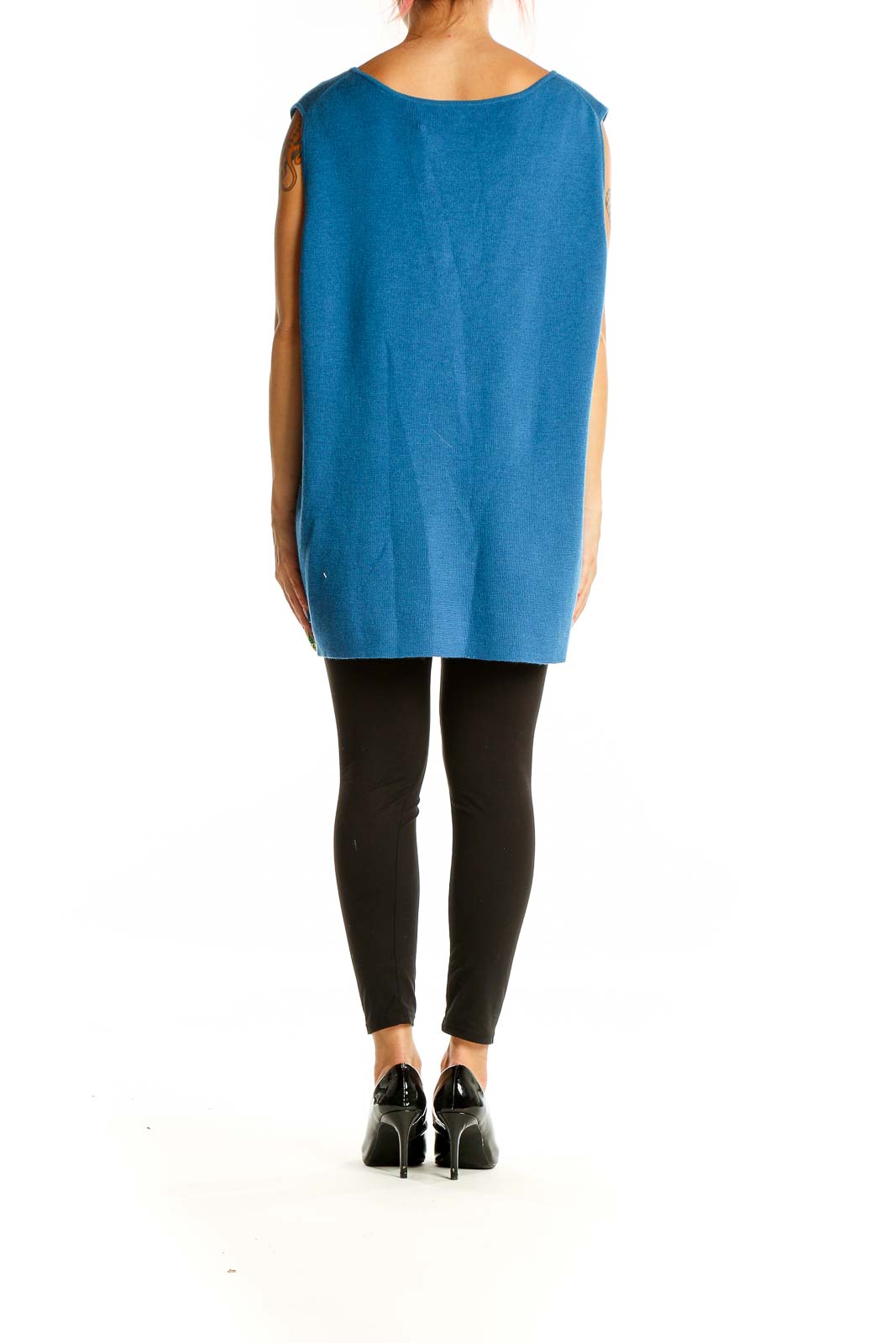 Back view of Eileen Fisher blue Merino wool sleeveless tunic