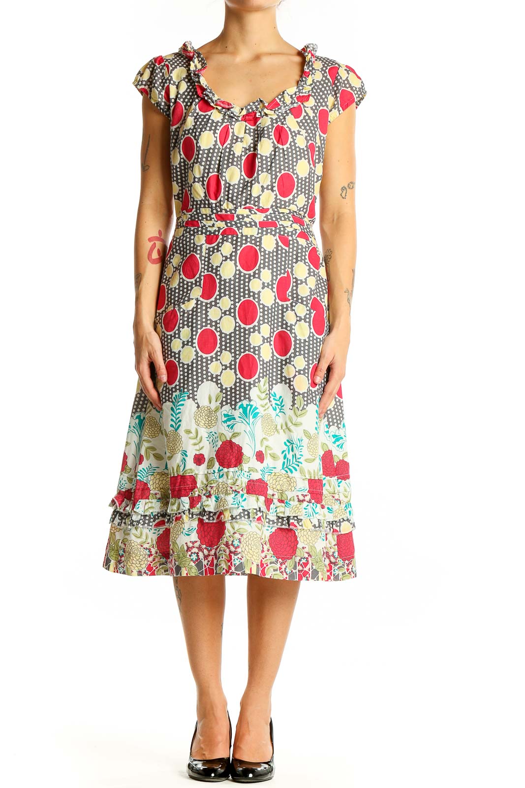 Front view of DownEast multicolor polka dot and floral midi dress