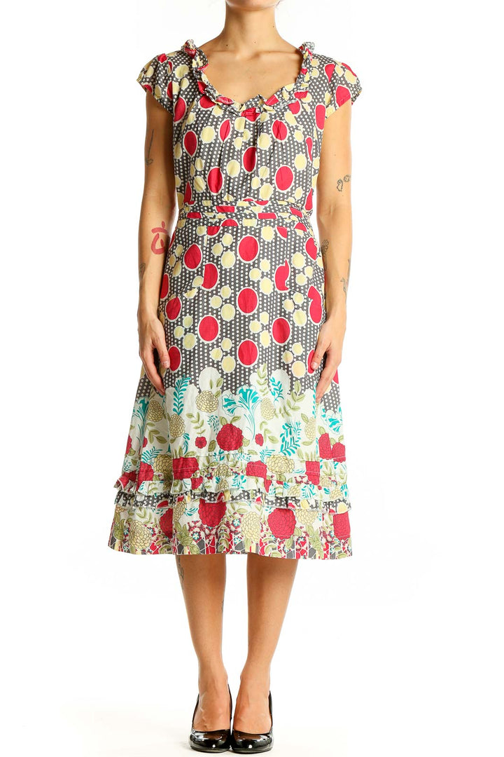 Front view of DownEast multicolor polka dot and floral midi dress