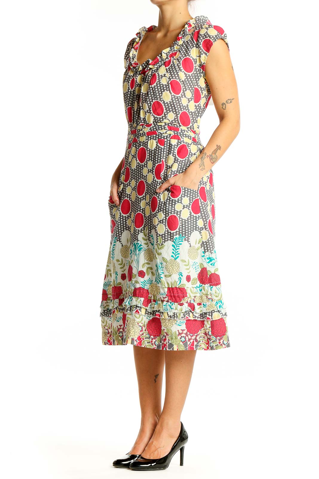 Front view of DownEast multicolor polka dot and floral midi dress