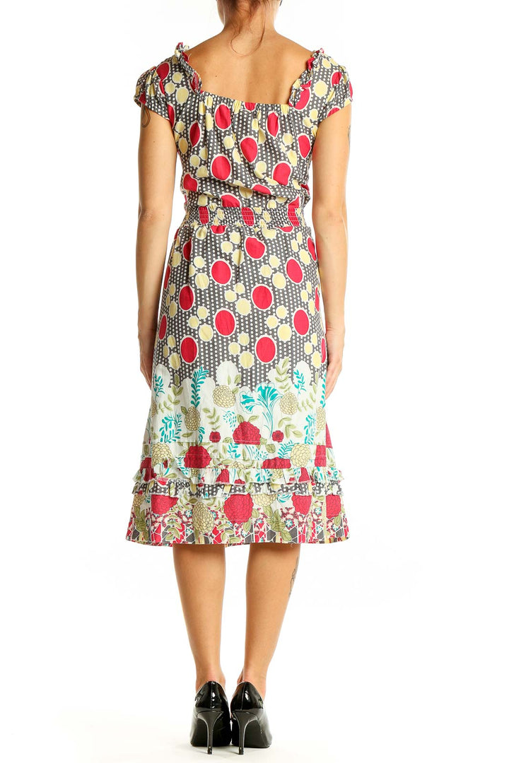 Back view of DownEast multicolor polka dot and floral midi dress