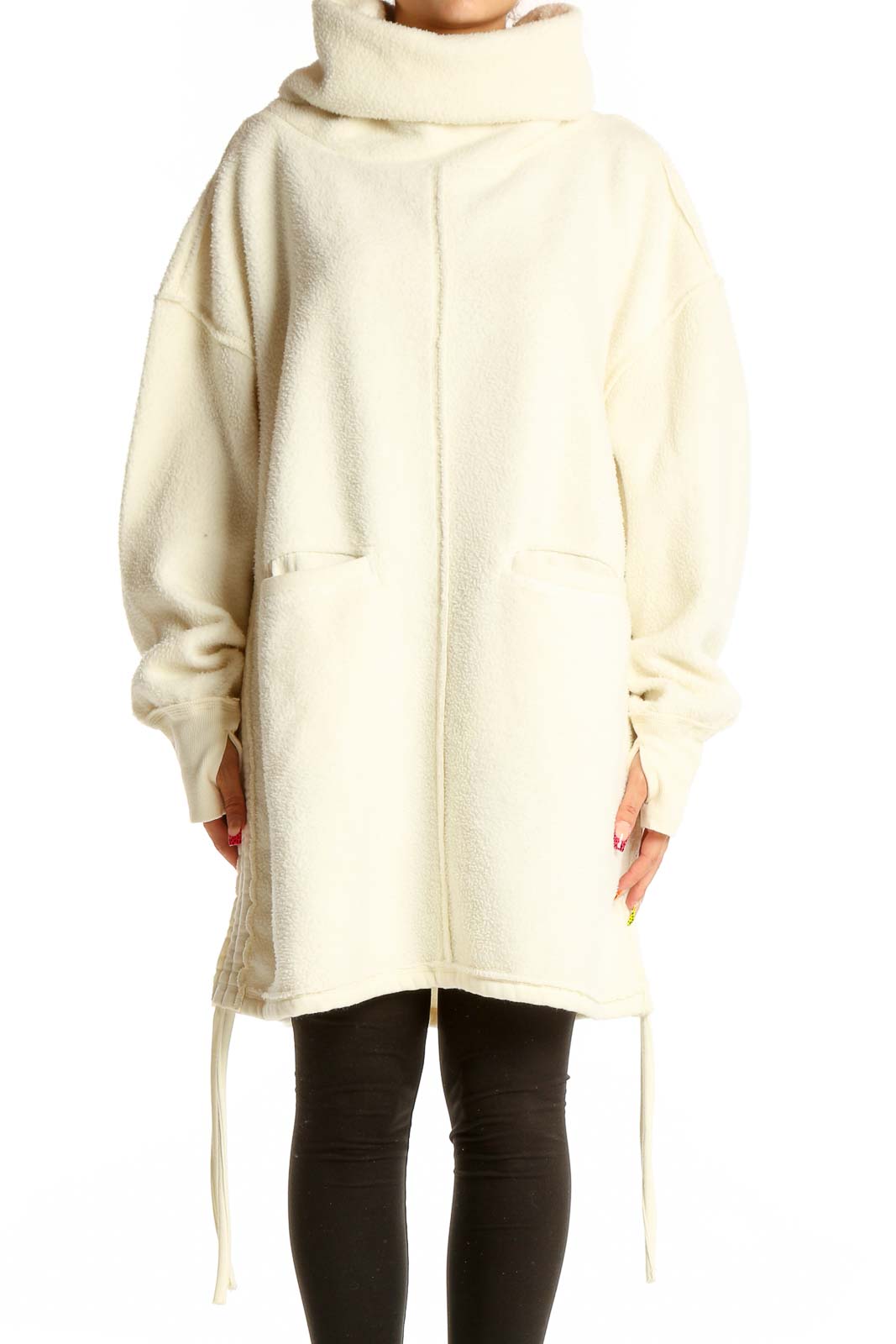 Front view of cream oversized fleece turtleneck jacket from WE THE FREE