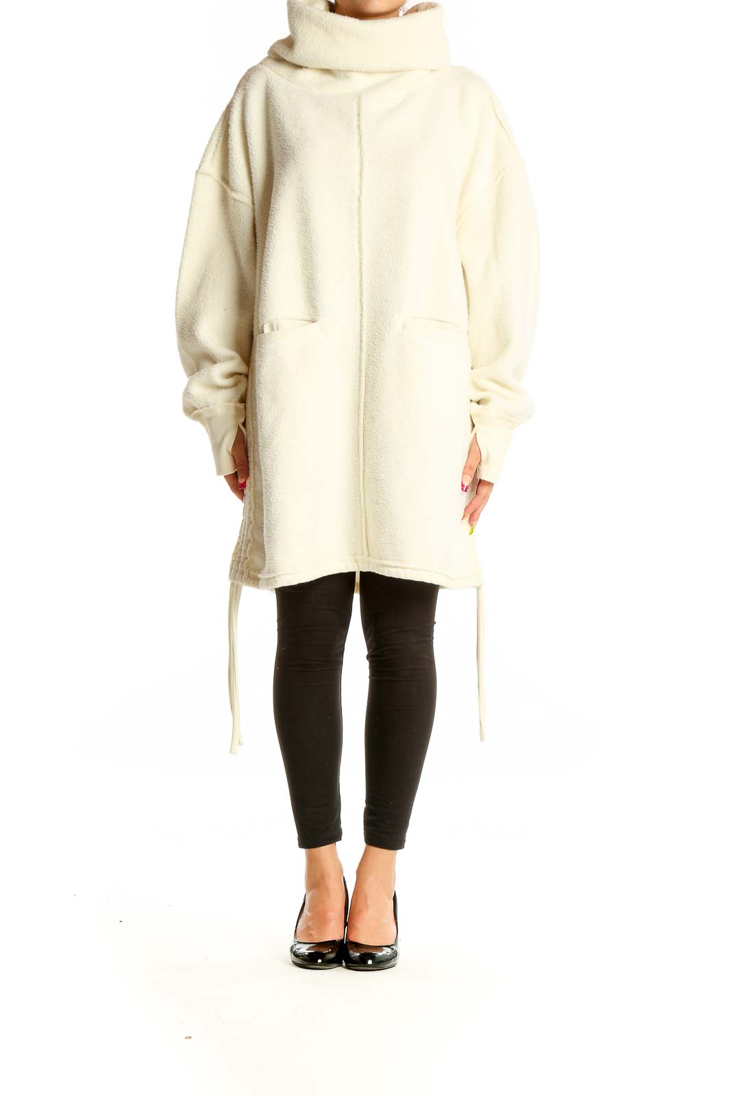 Front view of cream oversized fleece turtleneck jacket from WE THE FREE