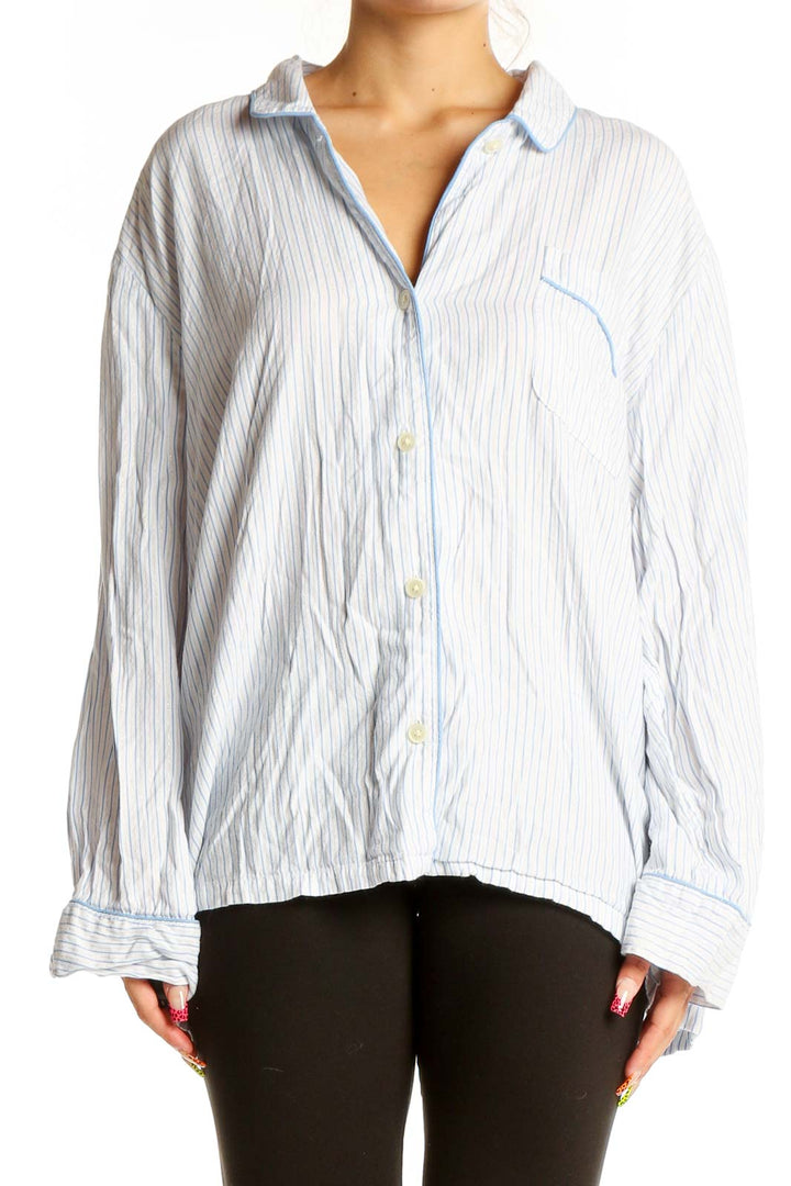 Front view of J.Crew white striped button-down shirt with chest pocket