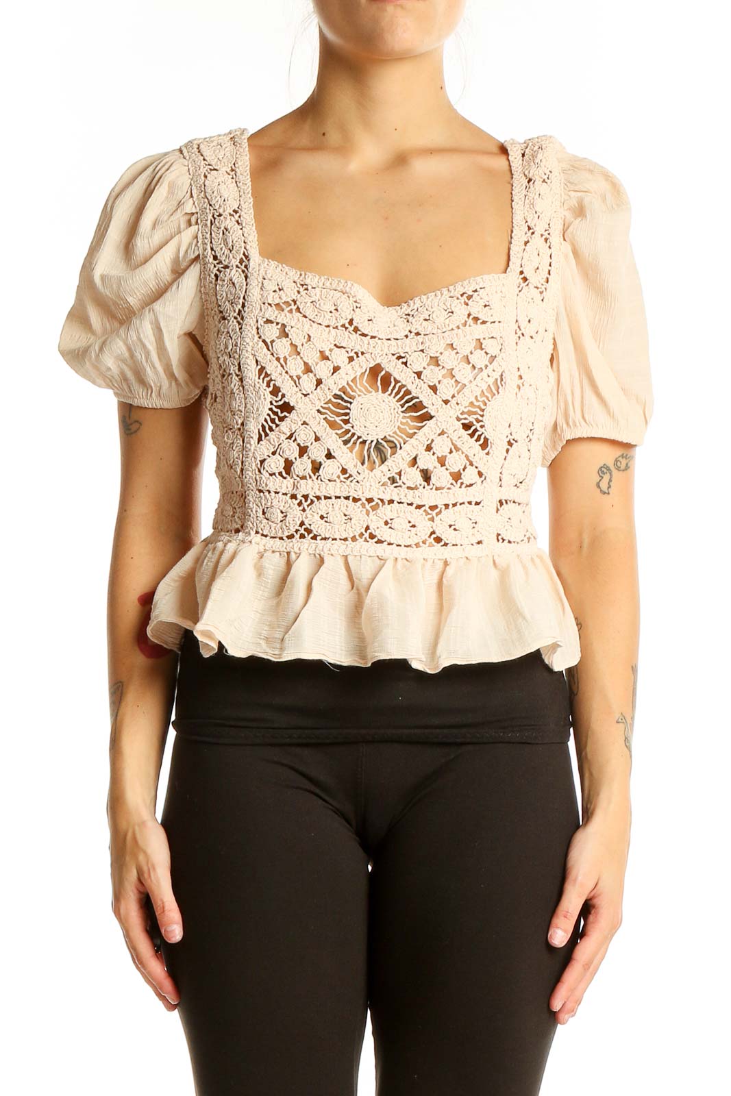 Front view of SilkRoll beige crochet peplum crop top with square neckline and puff sleeves