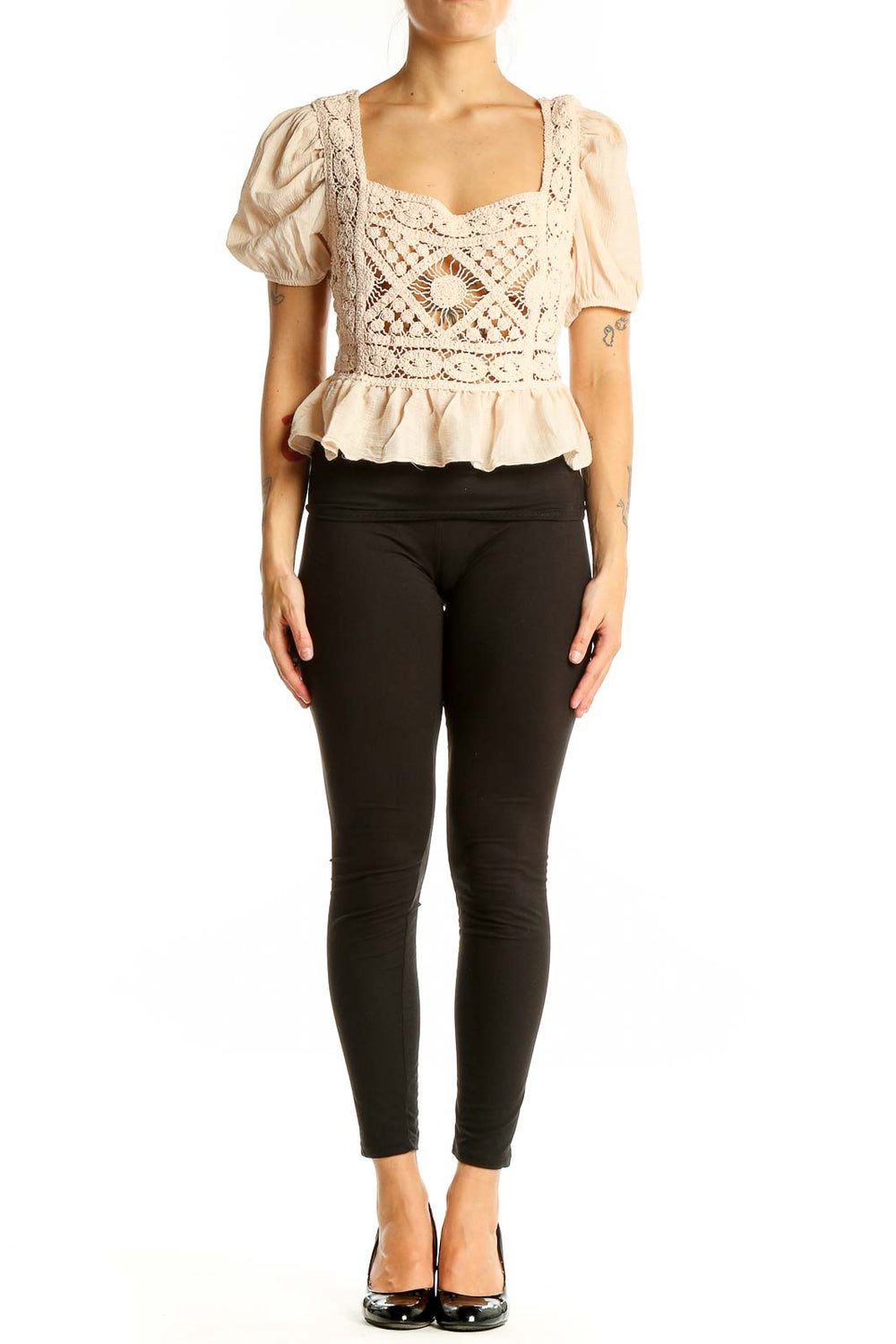 Front view of SilkRoll beige crochet peplum crop top with square neckline and puff sleeves