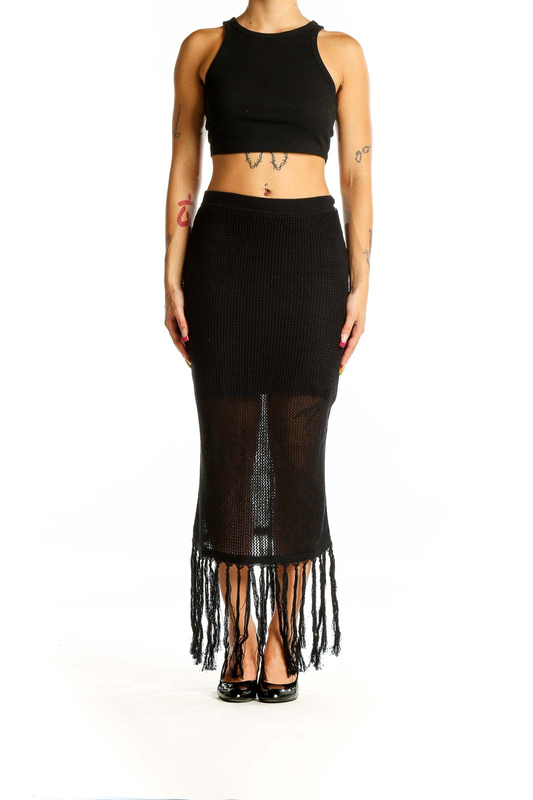 Black Fringe Midi Skirt