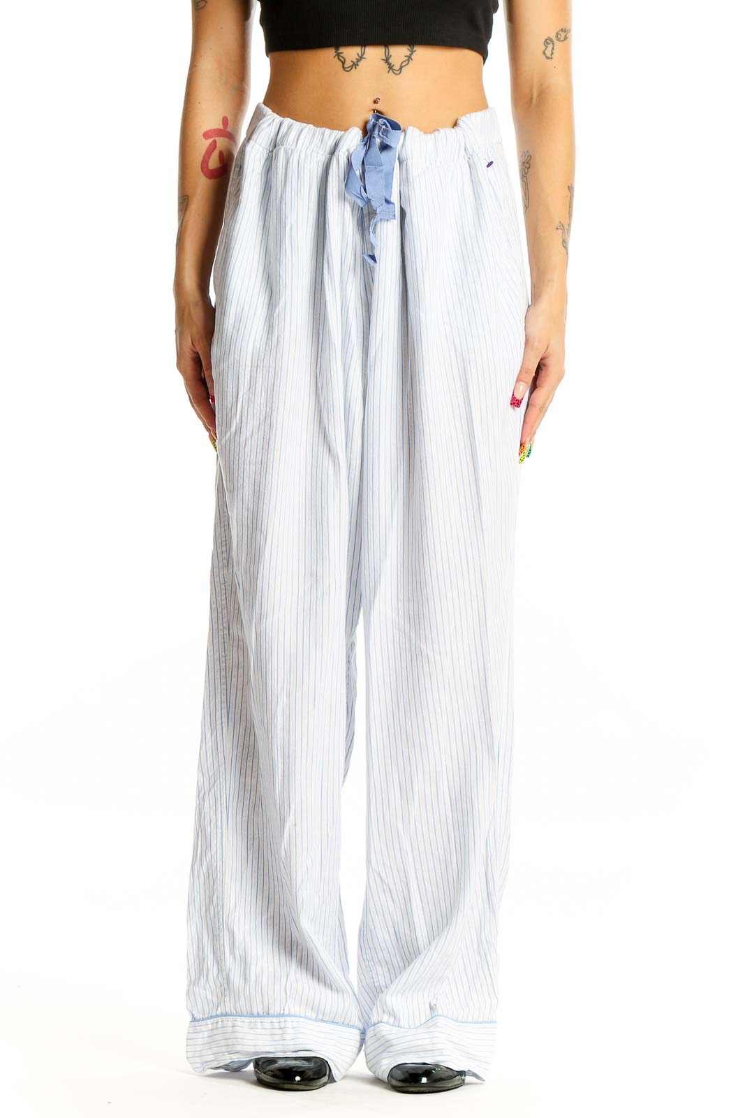 Front view of J.Crew white striped wide-leg pants with blue drawstring