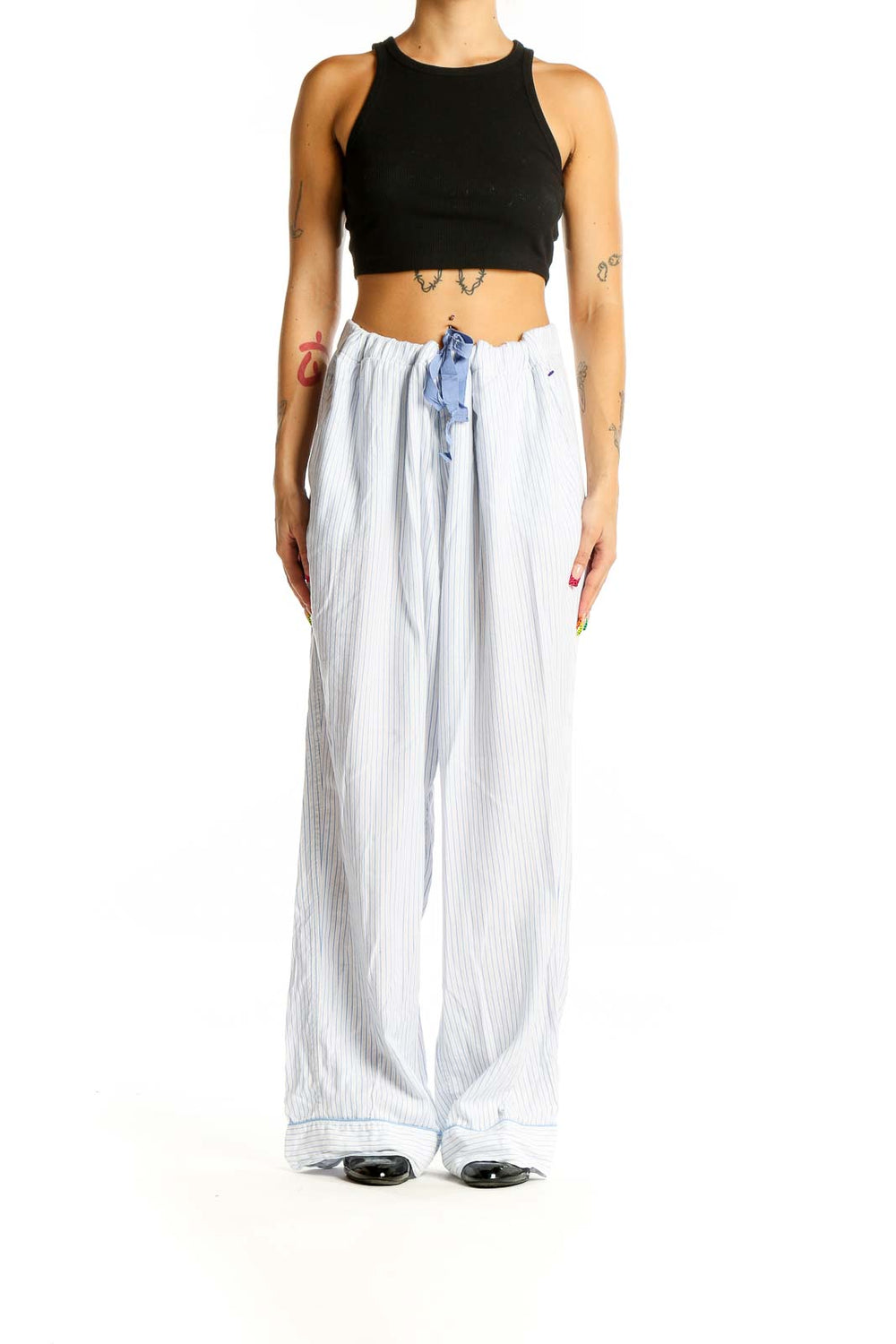 Front view of J.Crew white striped wide-leg pants with blue drawstring