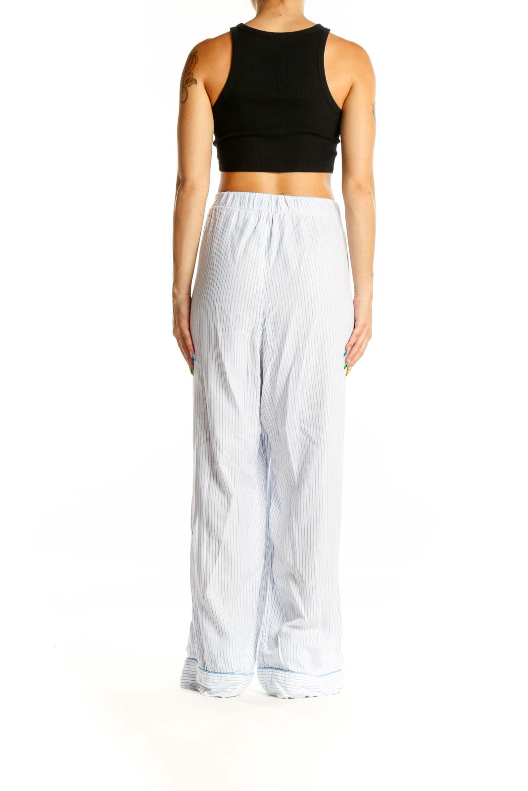 Front view of J.Crew white striped wide-leg pants with blue drawstring