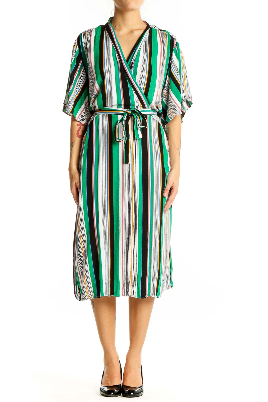 Front view of Eloquii green striped wrap midi dress with V-neck and tie waist