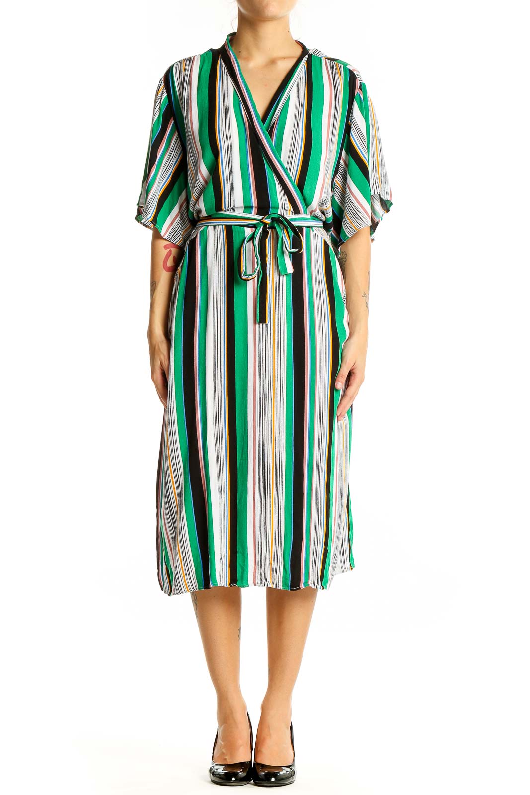 Front view of Eloquii green striped wrap midi dress with V-neck and tie waist