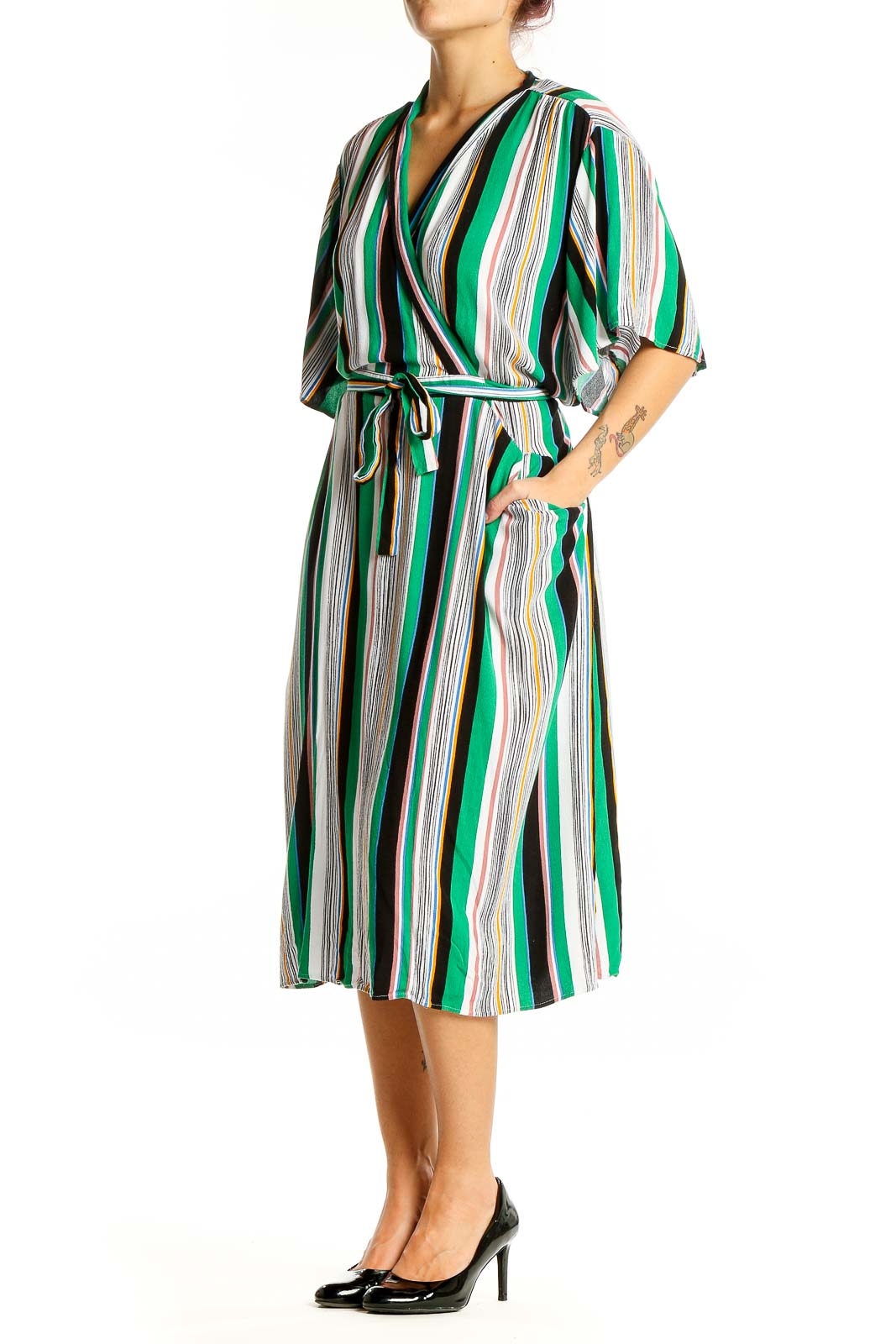 Front view of Eloquii green striped wrap midi dress with V-neck and tie waist