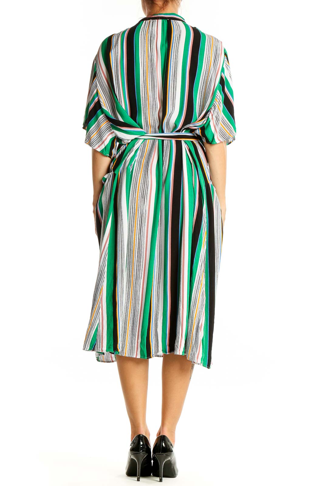 Back view of Eloquii green striped wrap midi dress showing kimono sleeves and midi length