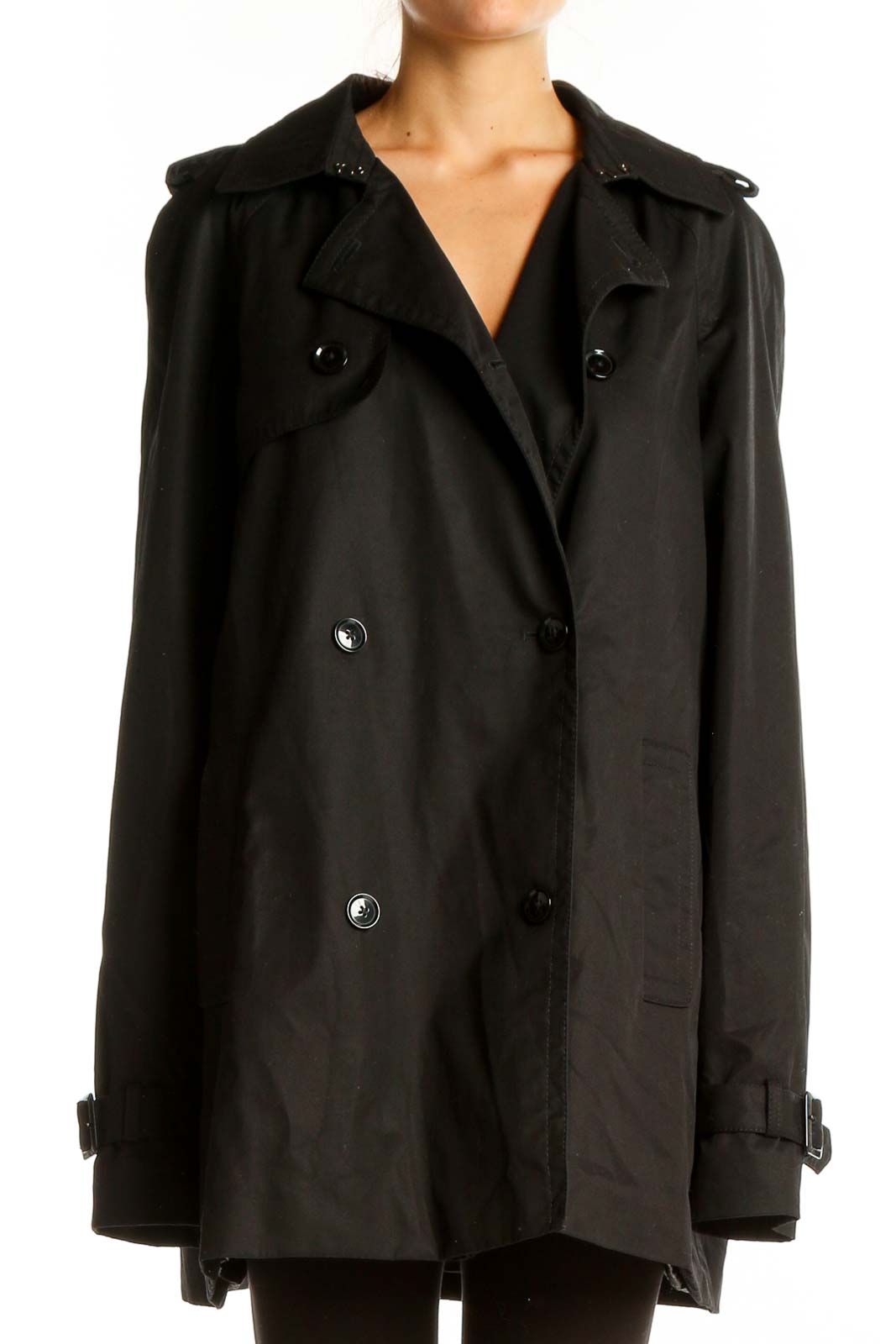 Front view of Banana Republic black double-breasted trench coat