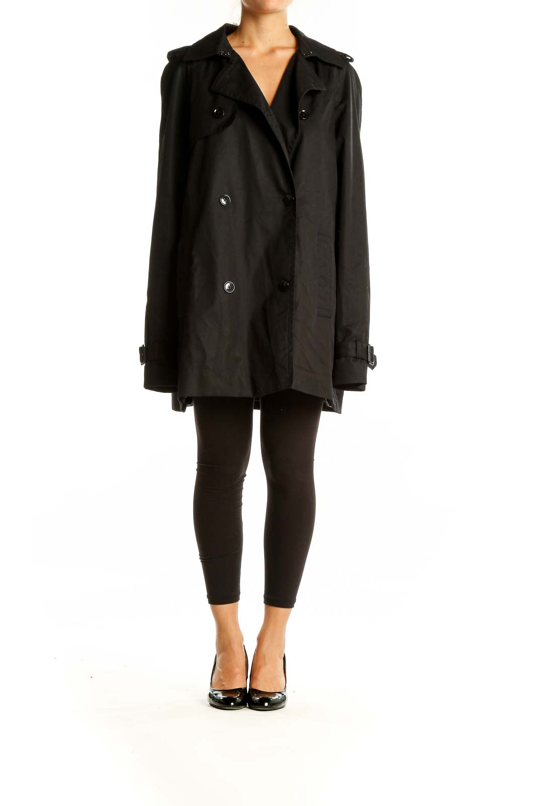 Front view of Banana Republic black double-breasted trench coat