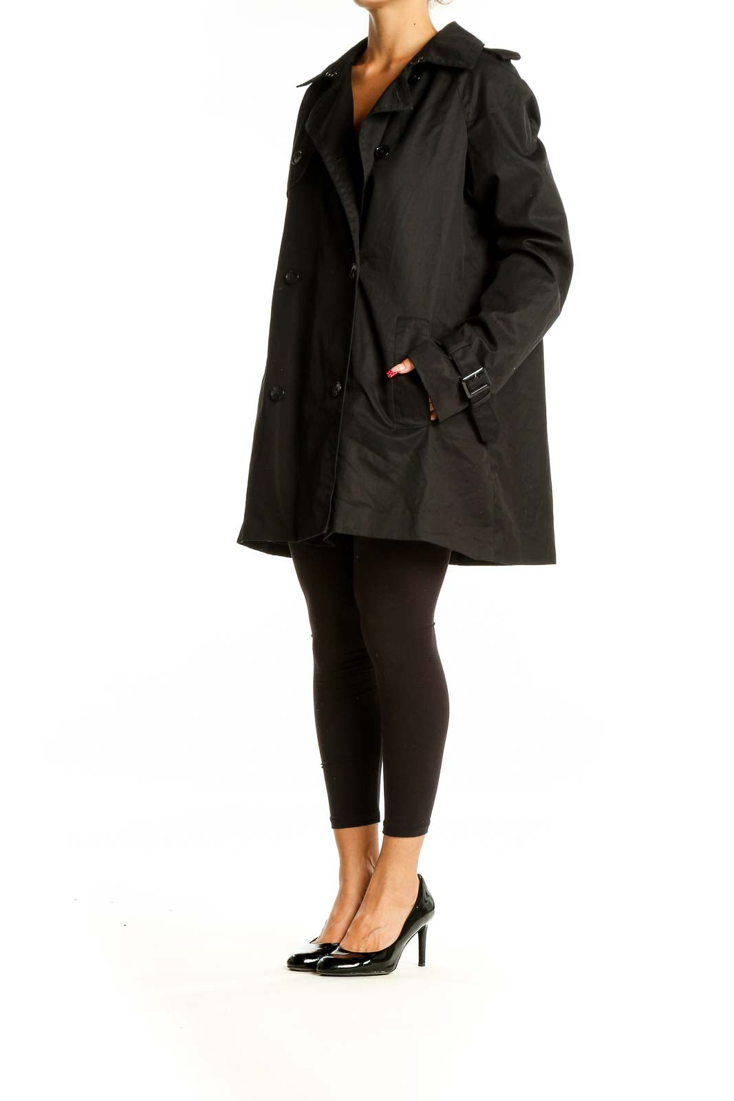 Front view of Banana Republic black double-breasted trench coat