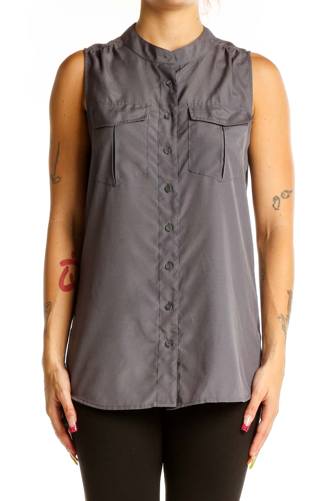 Front view of gray sleeveless J.Crew blouse with mandarin collar and chest pockets