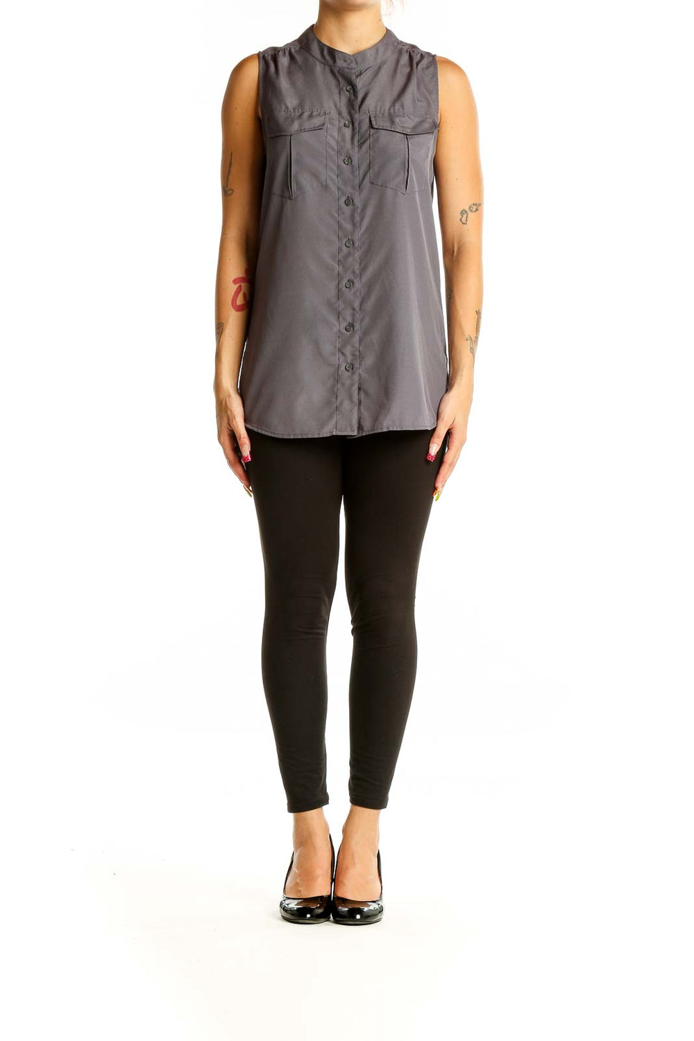 Front view of gray sleeveless J.Crew blouse with mandarin collar and chest pockets