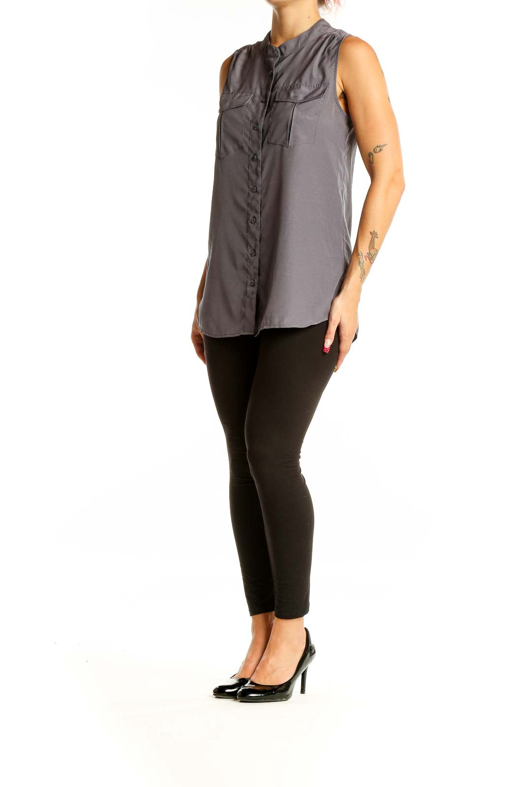 Front view of gray sleeveless J.Crew blouse with mandarin collar and chest pockets