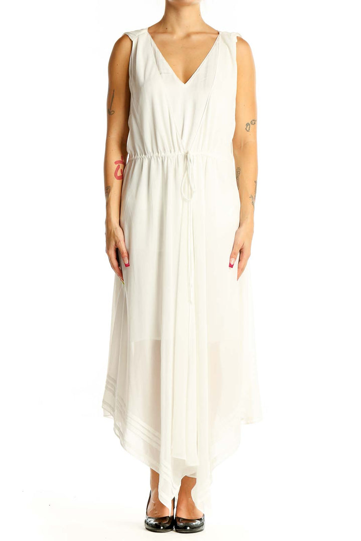 Front view of All Saints white flowy V-neck maxi dress with gathered waist